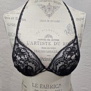 Victoria's Secret Miraculous Plunge Black Lace Rhinestone Padded Bra